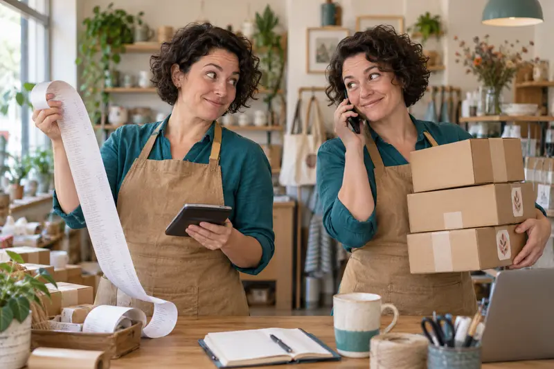 Even her clone is busy: two versions of a shop owner juggle receipts, customer calls and parcels.