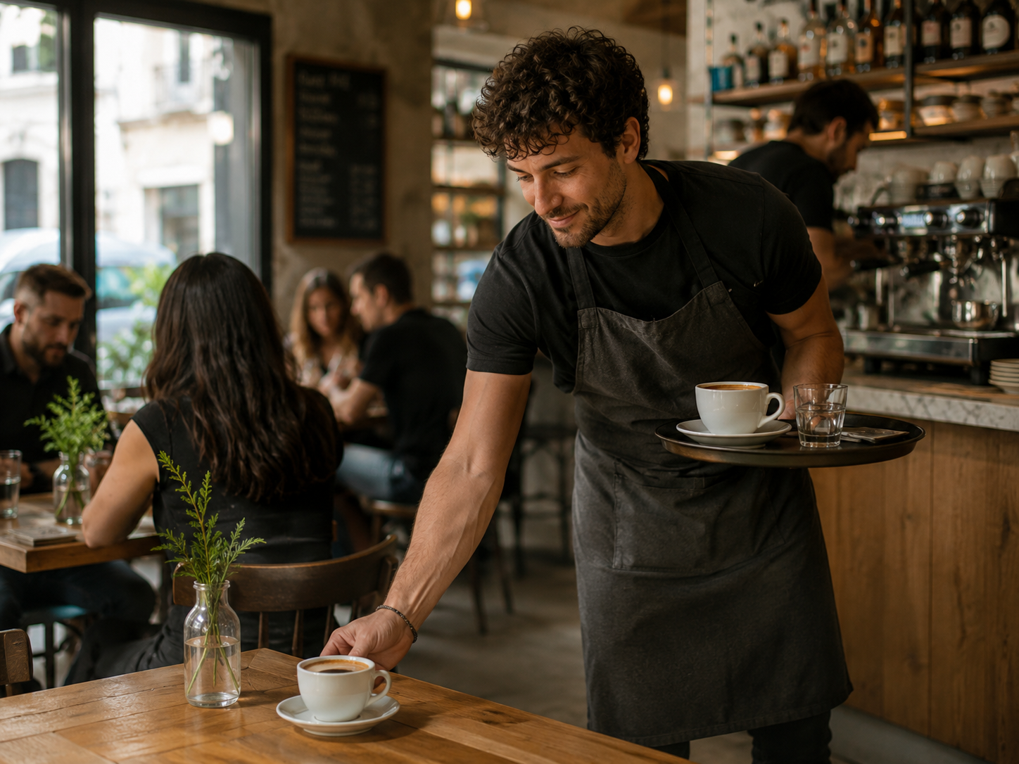 European café owner working quickly behind a busy counter during service.